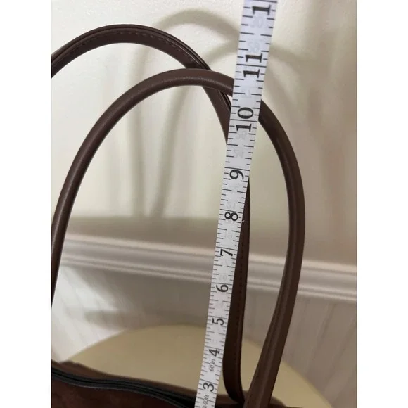 ASOS DESIGN Brown Faux Suede Tote Bag Tan Trim Gold Buckle Large Shoulder Bag - Picture 11 of 11